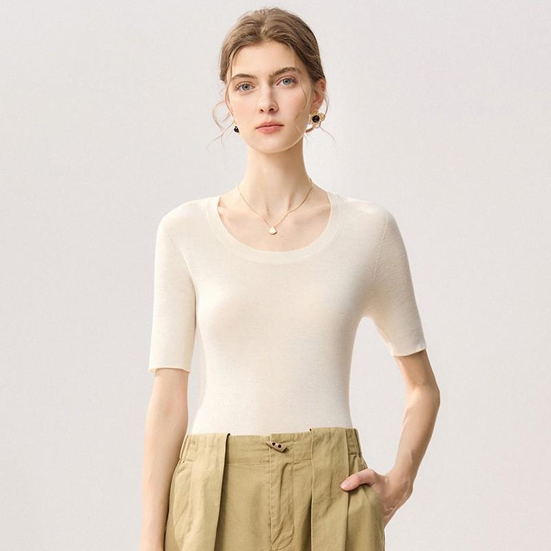 Womens 100% Wool Short Sleeve Sweater Slim Fit Round Neck Thin Knit Top