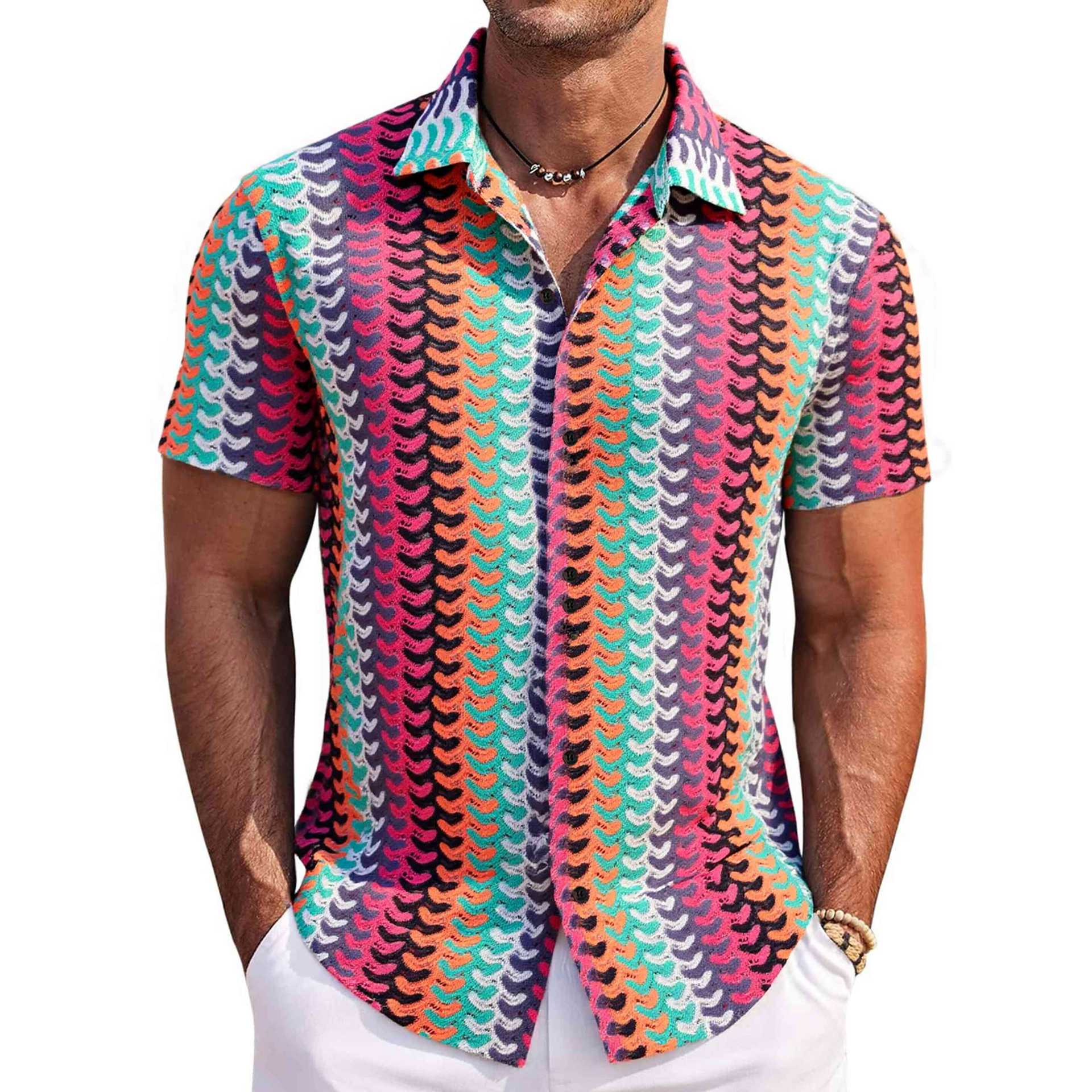 

Men s Short Sleeve Casual Shirt, Abstract Feather Print, Button Down Collar, Multiple Color Options 3XL червоний