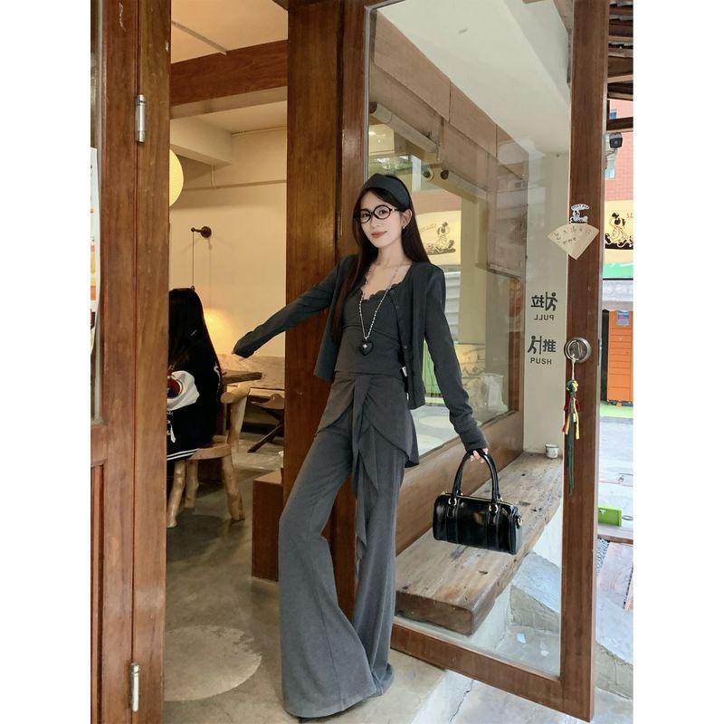 Kumikumi Fashion Suit Short Long Sleeves Cardigan Women's Bottoming Small Slip Top Autumn Lace-up Casual Pants Three-Piece Set