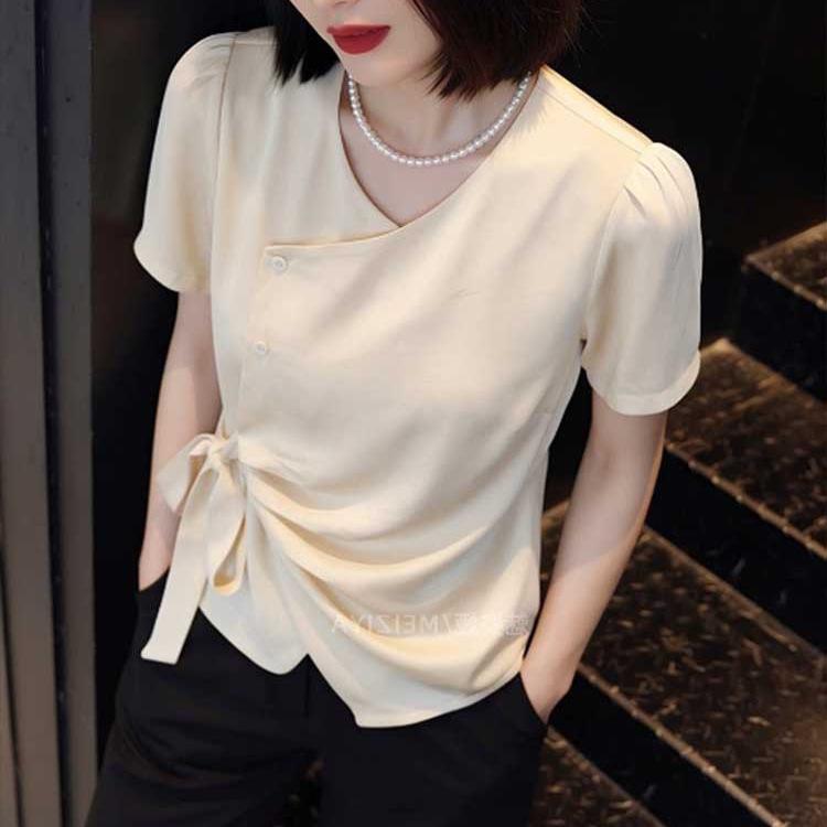 Summer new fashion solid color lace-up short-sleeve T-shirt, high-end commuter style niche design top
