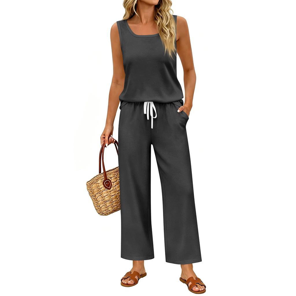 Women Sleeveless Tank Top and Wide Leg Pants Two Piece Set Casual Loose Fit Lounge Wear Suitable for Travel Vacation and Home Relaxation