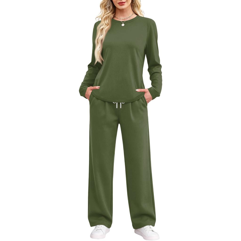 Women's Pajama Set with Pockets, Long Sleeve Round Neck Loose Fit Sleepwear for Home