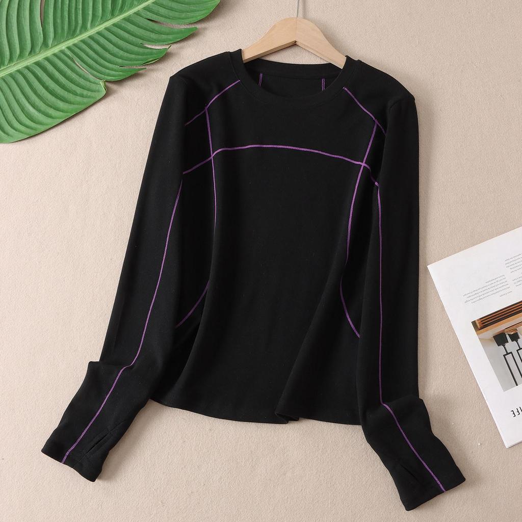 Women's Slim-Fit Color-Block Sports Long-Sleeve T-Shirt: Vibrant Colors, Contrast Stitching, Round Neck, Outdoor Style