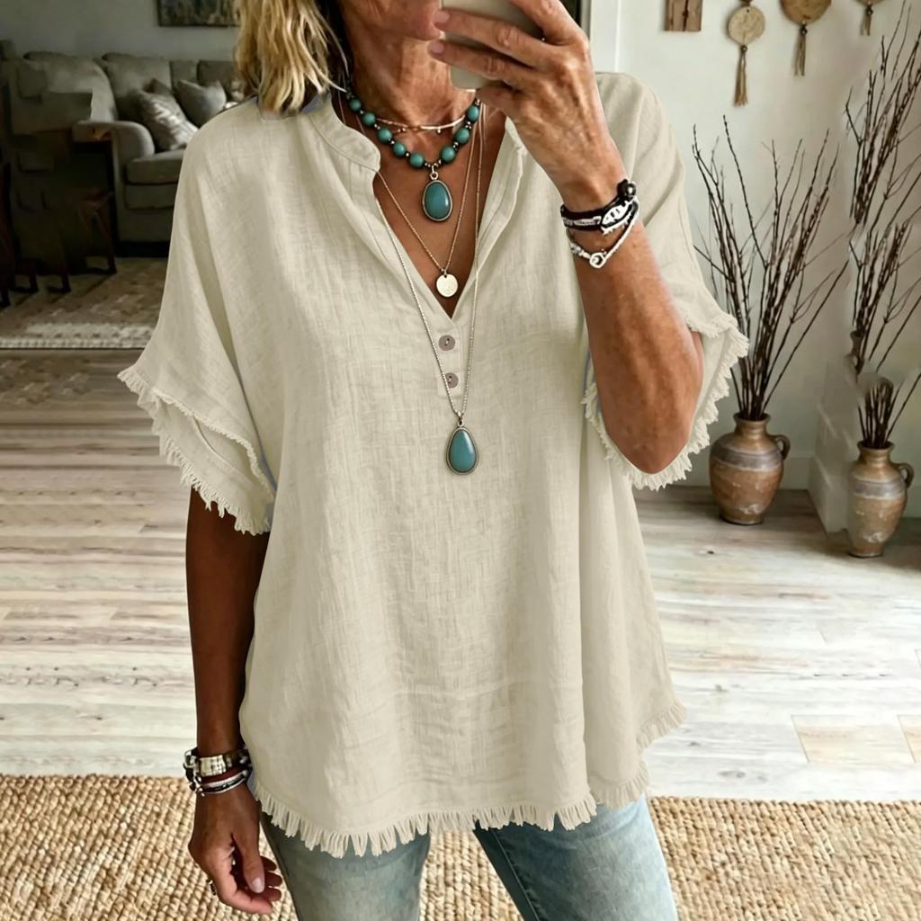 Women Casual V Neck Shirt Fringe Trim Short Sleeve Blouse Button Detail Loose Fit Top for Everyday Wear