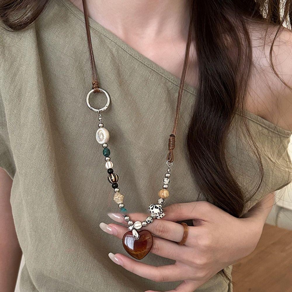 Heart-shaped Wood Pendant Necklace Ceramic Women Jewelry New Long Sweater Chain Necklace  for Women