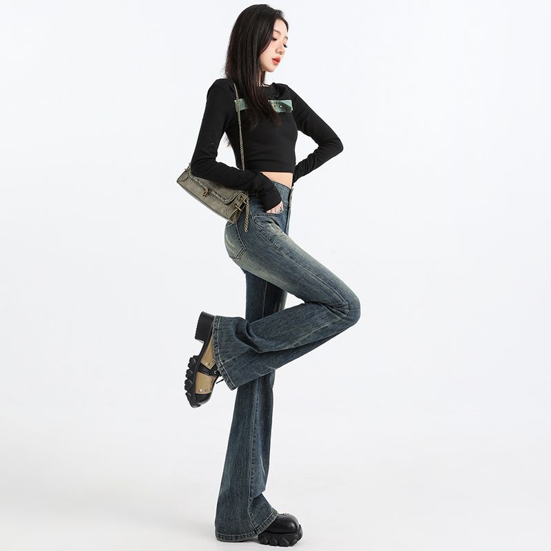 Graffiti Oil Color American New Flared Jeans for Women In Autumn High Waist Stretch Slimming Design Horseshoe Floor Pants