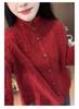Women's High Neck 100% Pure Wool Jacquard Cardigan: Thick, Loose, Red Autumn/Winter Outerwear Sweater.