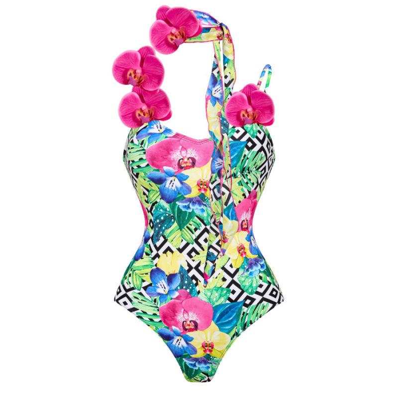 Orchid shoulder strap decorative printed one-piece swimsuit set women s Huludao swimsuit 7 S