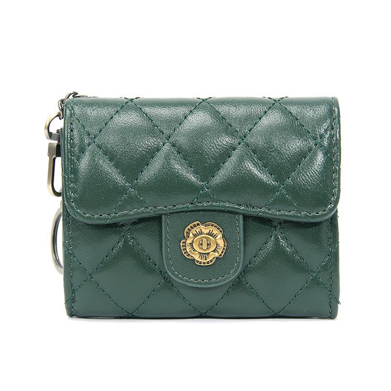 

Женский кошелек для монет из натуральной овчины с камелией: Узор «Алмазная строчка», Отделения для нескольких карт, Маленький ретро-кошелек темно-зеленого