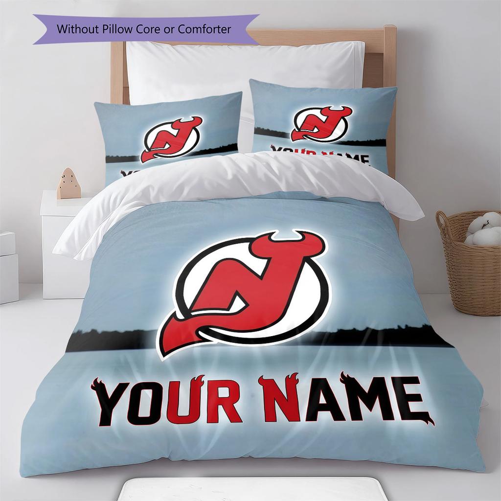 Custom Name New Jersey Devils Pattern Bedding Quilt Set Home Decoration Gift (1 * duvet cover + 2 * pillowcase without core)