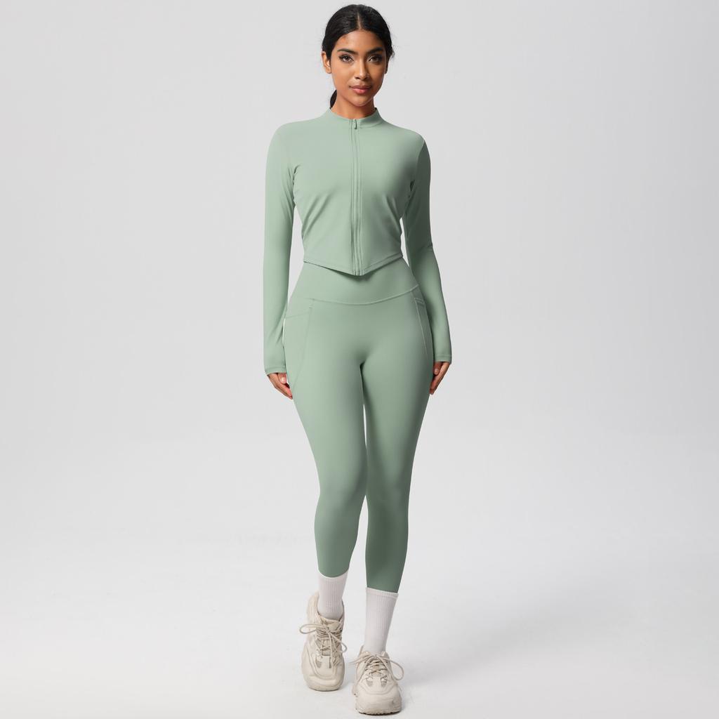 Naked Tight Zipper Jacket Yoga Suit Set, High Waist Pocket Quick Drying Exercise Running Fitness Two-Piece Set For Women