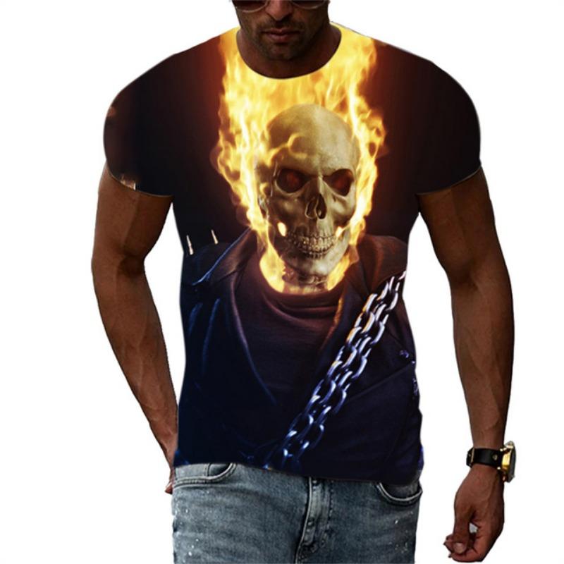 Summer Men's Fashion Trend New T-shirt 3D Flame Skull Digital Print Hip Hop Loose Street Clothing Casual Daily Round Neck Top