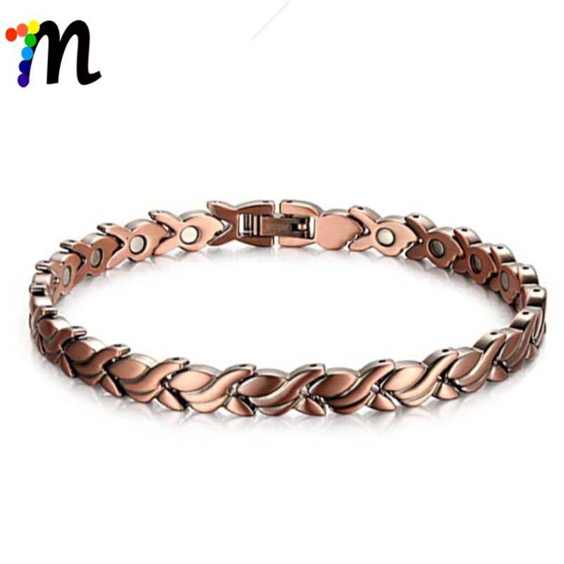Womens Red Copper Bracelet With Neodymium Magnet Vintage Style Round Geometric Design