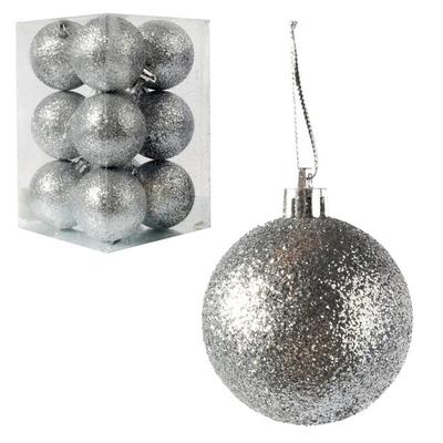 Set of 12 Silver Glitter Baubles - Christmas Decorations 6 Cm