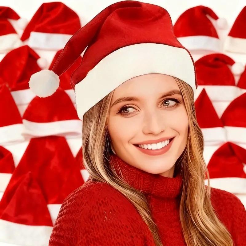60pcs Christmas Santa Hats Soft Polyester Non-Stretch Fabric Christmas Decorations Gifts for Adults Children Christmas Clothes
