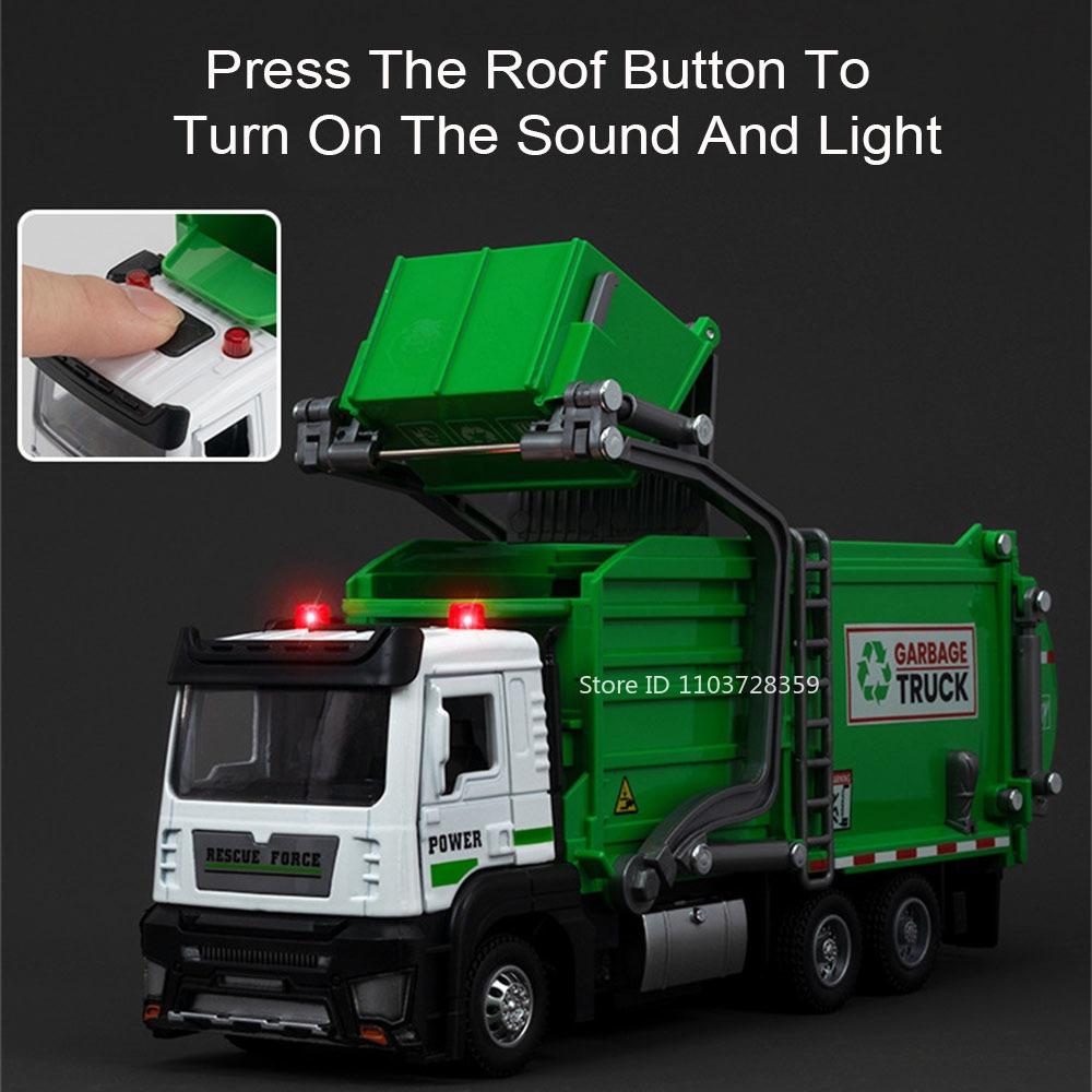 1:32 Toy Garbage Classification Sanitation Truck Models Alloy Diecast Flatbed Trucks Sound Light Doors Opened Pull Back Kid Gift