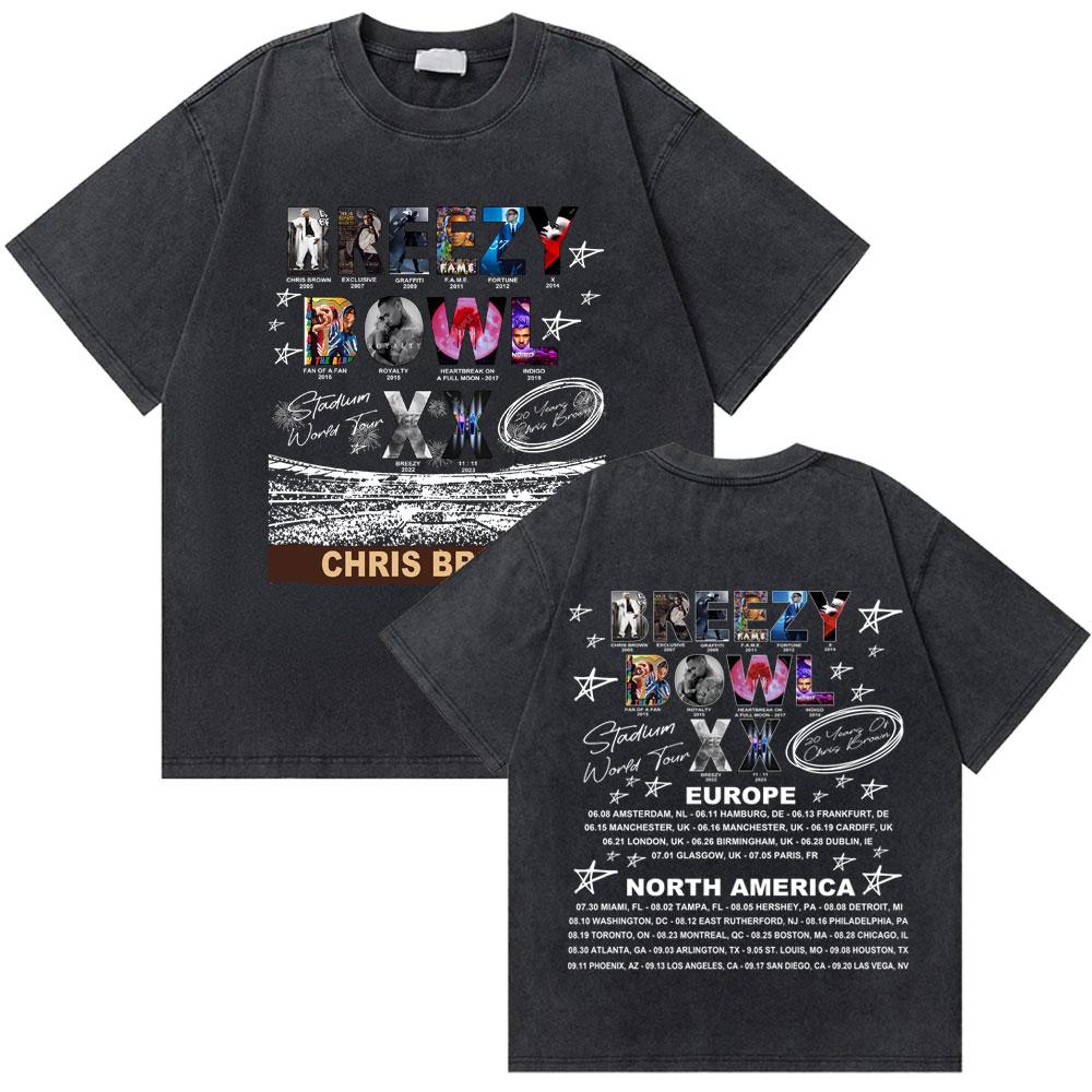 Washed Rapper Chris Brown Breezy Bowl XX World Tour Tshirts Men Women Hip Hop Retro Tshirt Mens Fashion Trend Streetwear
