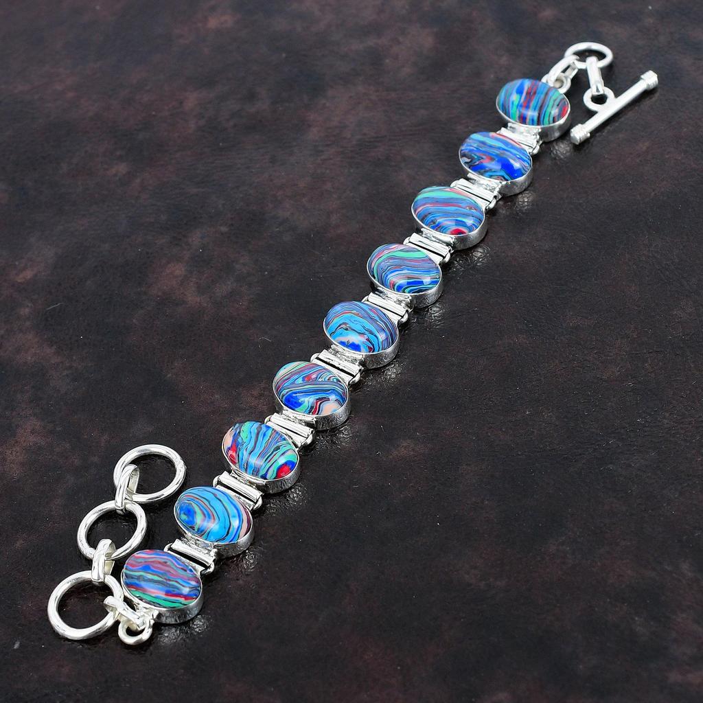 Rainbow Calsilica Bracelet 925 Sterling Silver Bracelet Handmade Bracelet Adjustable Chain Bracelet Gemstone Antique Jewelry Gifts For Him