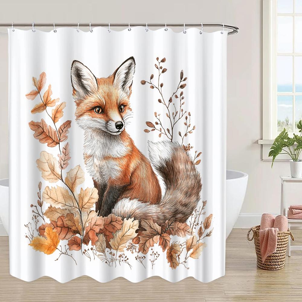 1Pc Autumn Fox Shower Curtain - Cute Fox In Fall Leaves Nature Theme, 70.8X70.8 Inch, Polyester, Machine Washable, With 12 Hooks