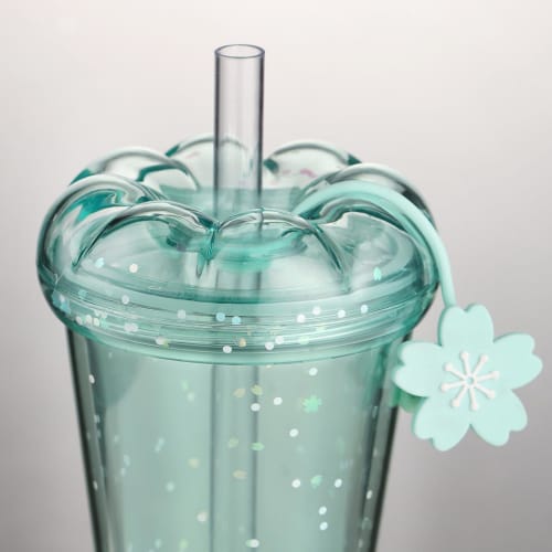 FLYILIA Tumbler with Straw, Plastic Straw Cup, Cherry Blossom Design, Double-Walled Water Bottle with Lid, Stylish Heat and Cold Resistant, Vacuum Ins