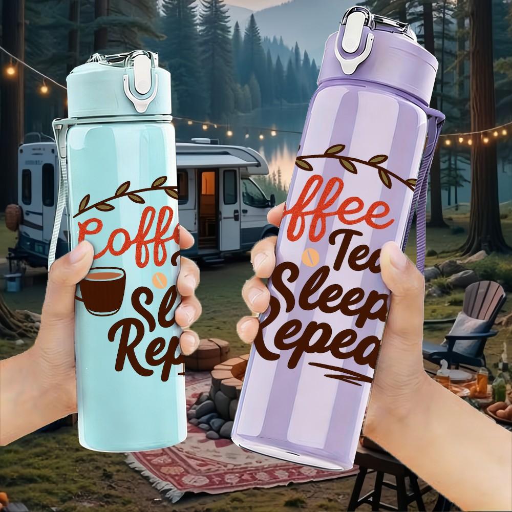1PC Coffee Teach Sleep Repeat Letter 750ml Color Plastic Sports Water Bottle Leakproof Flip Straw Lid Suitable for Sports Office Home Use