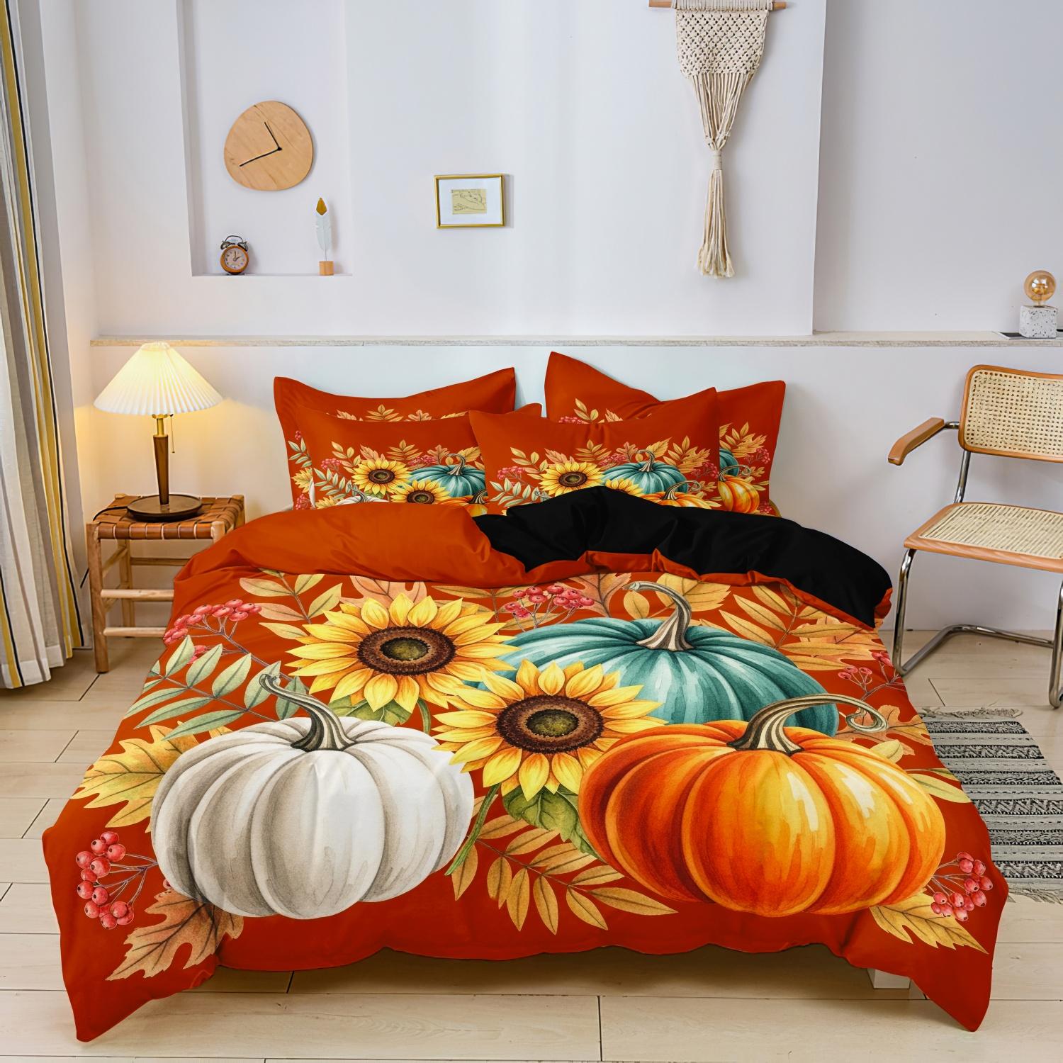 

3pcs Autumn Pumpkin sunflowers Rustic Field Leaf Theme Duvet Cover Set,Thanksgiving Season Christmas Easter Autumn Gifts, EU Single-135x200cm&set