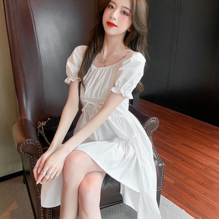 New women's clothing French medium and long straps waist thin short sleeves irregular dress niche fried street summer