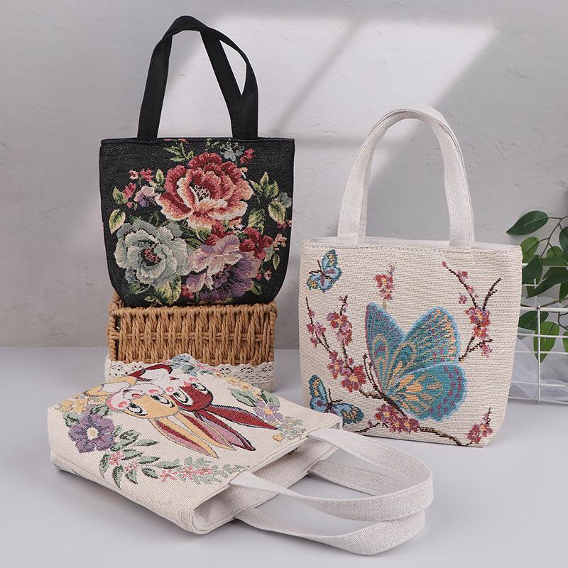 Embroidery Canvas Bag Cute Butterfly Rabbit Peony Tote Bag Small Shoulder Traveling Pouch Handbag Grocery Storage Bag