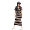 French square neck knitted striped short-sleeved dress women's summer temperament casual pear shape figure slim long skirt