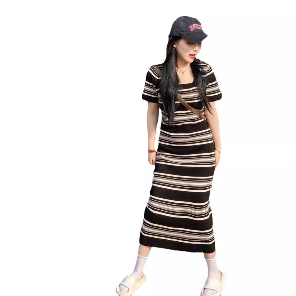 French square neck knitted striped short-sleeved dress women's summer temperament casual pear shape figure slim long skirt