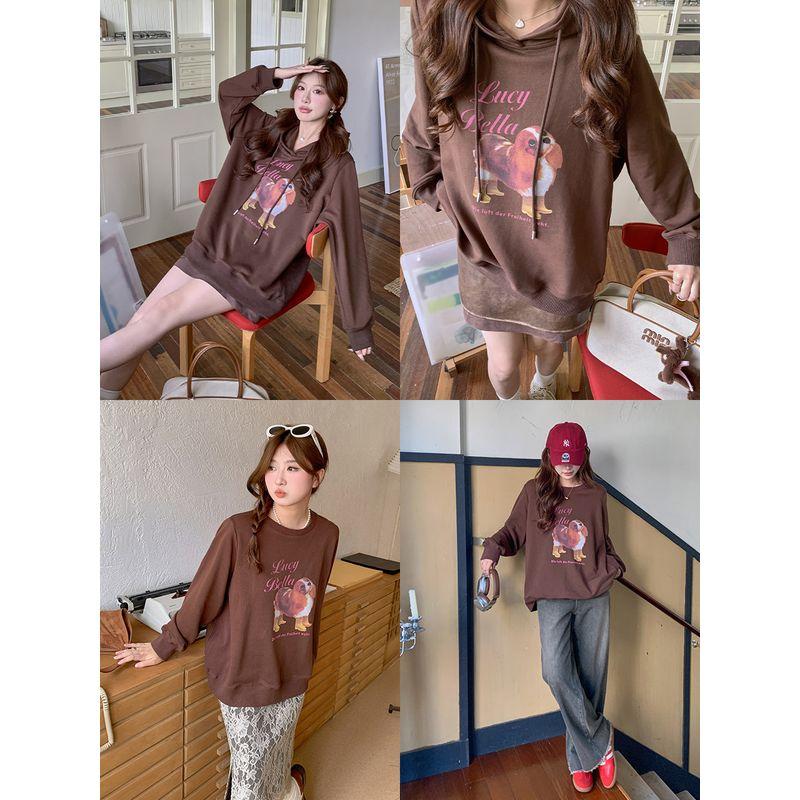 Maxi Chubby plus Size Print round Neck Long Sleeves Sweatshirt Women's Autumn Plus Size Ladies Loose Slim Looking Casual Hooded Top