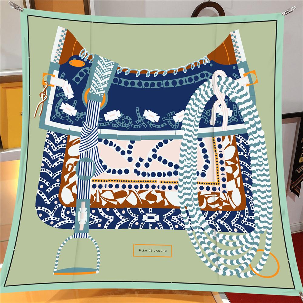 Silk Scarf Women Saddle Print Square Scarves Head Echarpes Silk Foulards Femme Wraps Beach Shawls Bandana Lady Hijabs 90CM