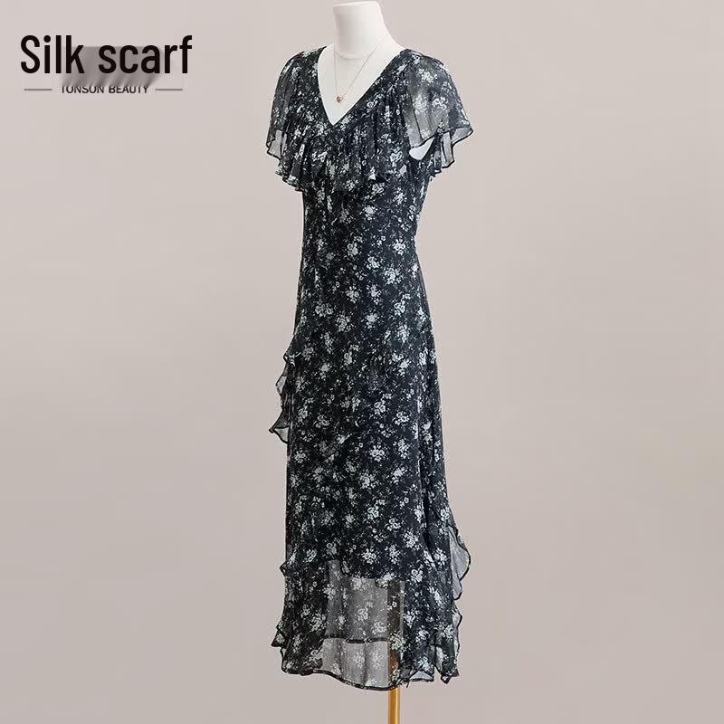 Women s French Style V-Neck Floral Midi Dress L