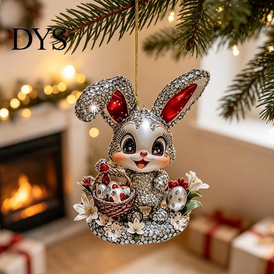 Indoor Outdoor Holiday Hanging Ornament Easter Bunny Acrylic Pendant, Cute Rabbit with Basket, 2D Car Lightweight Figurine Rearview Mirror Ornament,