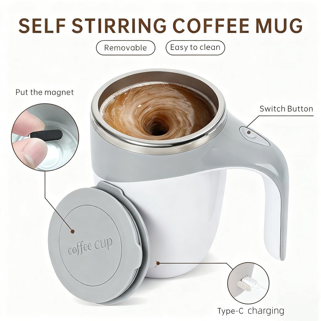 Automatischer Rührbecher Magnetischer Kaffeebecher 304 Edelstahl Effizientes Mischen Hält warm Leicht zu tragen Reinigen und pflegeleicht