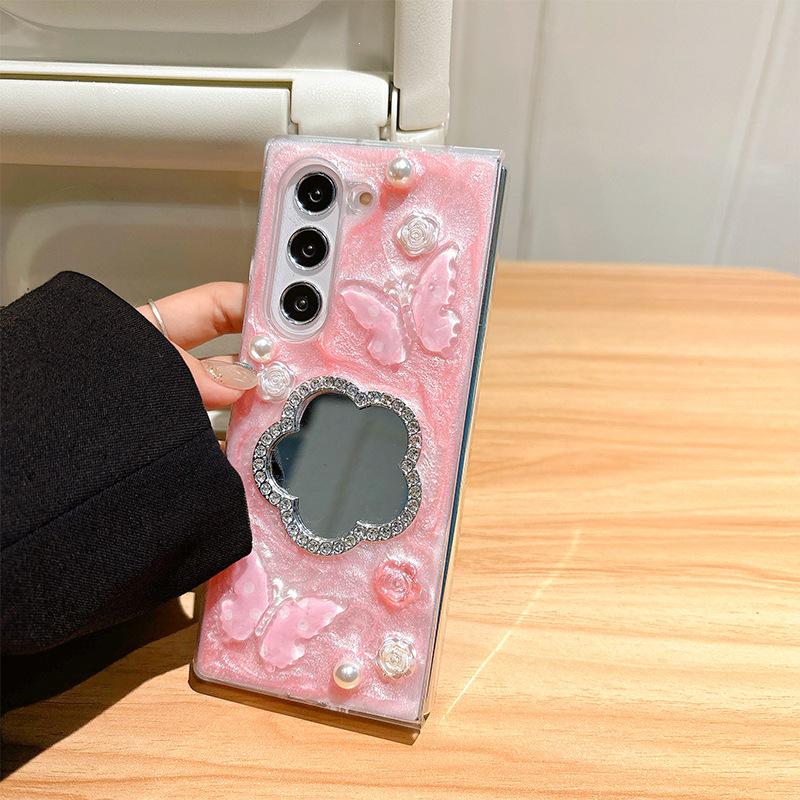 Rhinestone Flower Mirror Phone Case for Samsung Z Flip 7/ Z Fold 8 - New Butterfly Style for Women