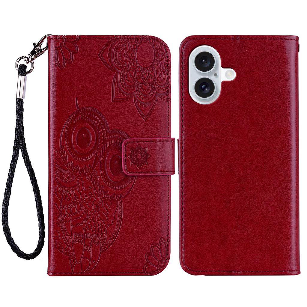 For iPhone 16 Plus Case Owl Flower Imprinted Leather Cover Wallet with Strap