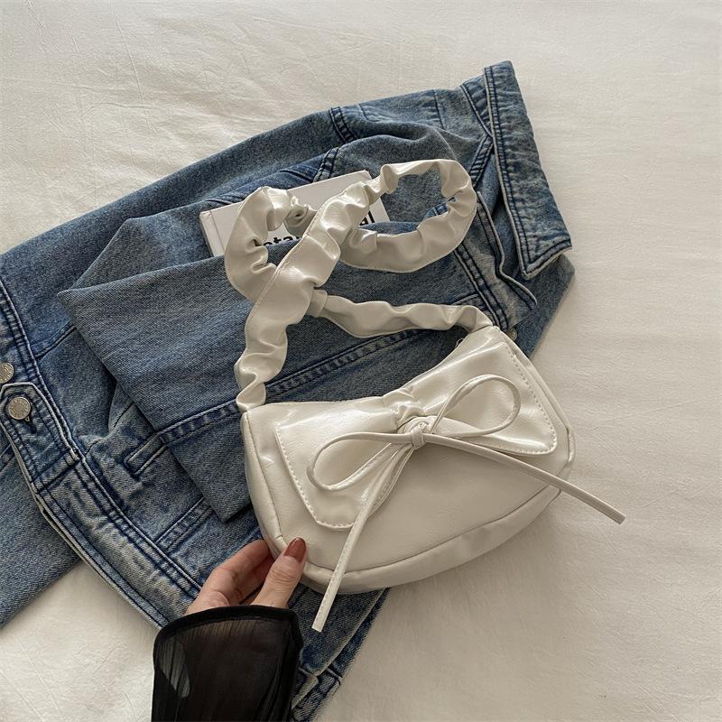 Soft PU Leather Women's Small Shoulder Bags Simple Ruched Design Ladies Underarm Bag Solid Color Bowknot Fashi Purse Handbags