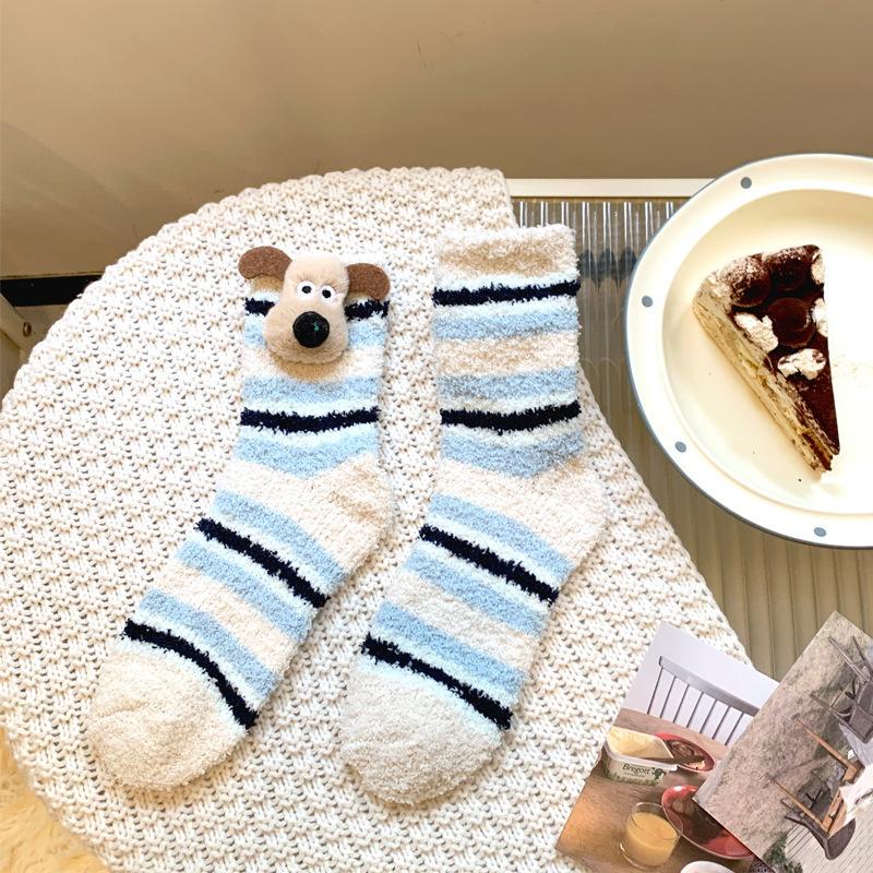 Cute Puppy Coral Fleece Striped Socks for Women's Autumn and Winter Warmth, Three-dimensional Cartoon Thickened Mid-calf Socks