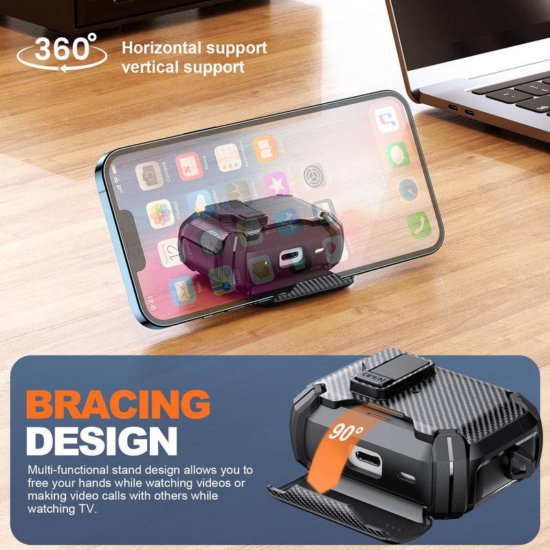 Carbon Fiber Texture Earphone Case For AirPods 4 Pro 3 2 1 Bluetooth Headset Cover with Phone Holder Keychain Earphone Charging Box