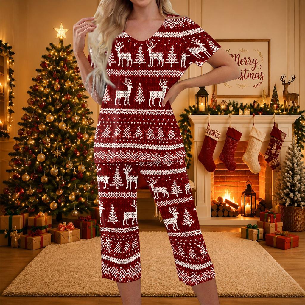 Women's Casual Christmas Print Two-Piece Outfit with Short Sleeve Top and Pants
