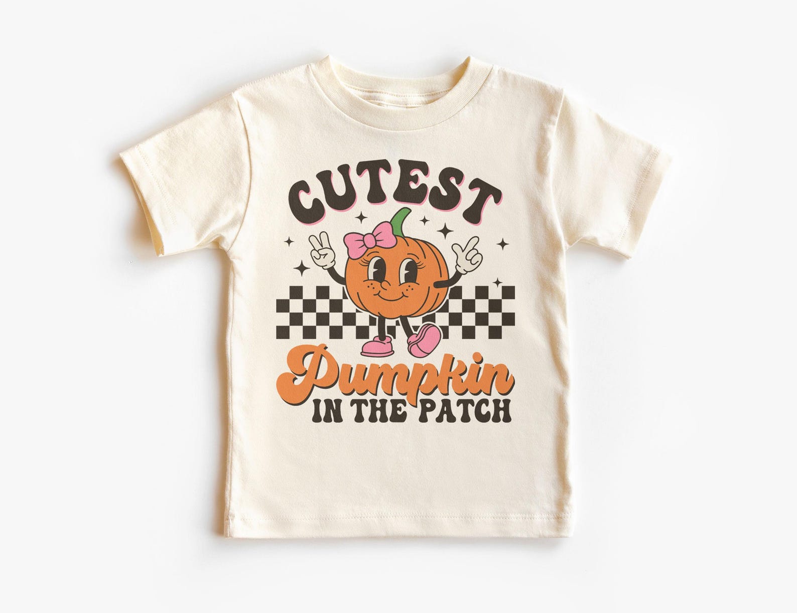 Cutest Pumpkin In The Patch Girls Shirt - Retro Girly Pink Coquette Bow Halloween Outfit - Unisex, Youth & Kids Natural T-Shirt 150