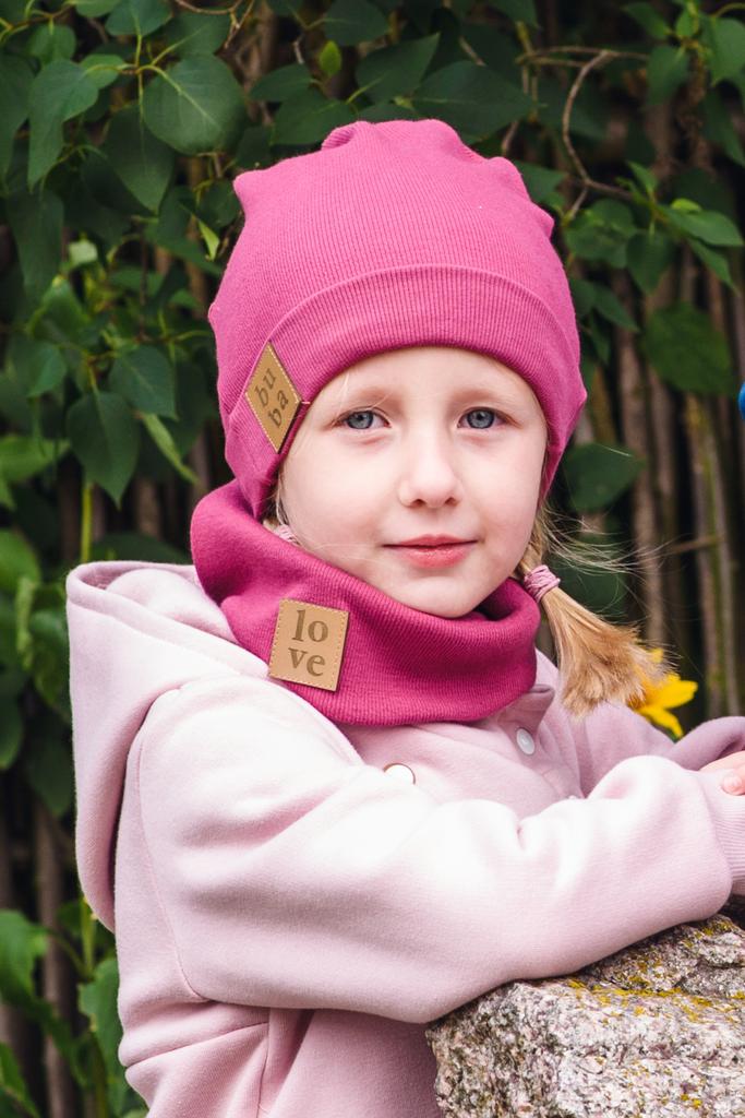 Spring Hat for a Girl with a Scarf - Dark Pink 56-60 Cm