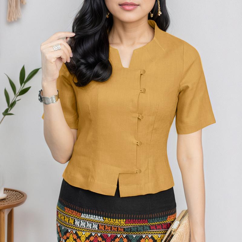 

ZANZEA Женская летняя блузка с V-образным вырезом, однотонная, повседневная, с коротким рукавом L жёлтый