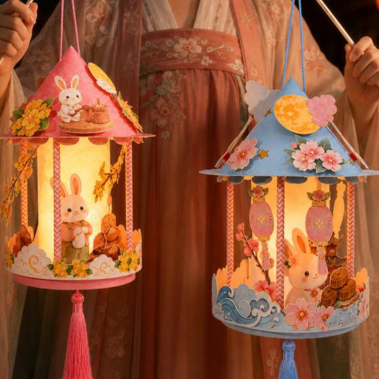 Traditional Palace Lantern Toy Chinese DIY Kit for Mid Autumn, Festival Handheld Glowing Autumn Decoration Paper Lamp with LED Light &
