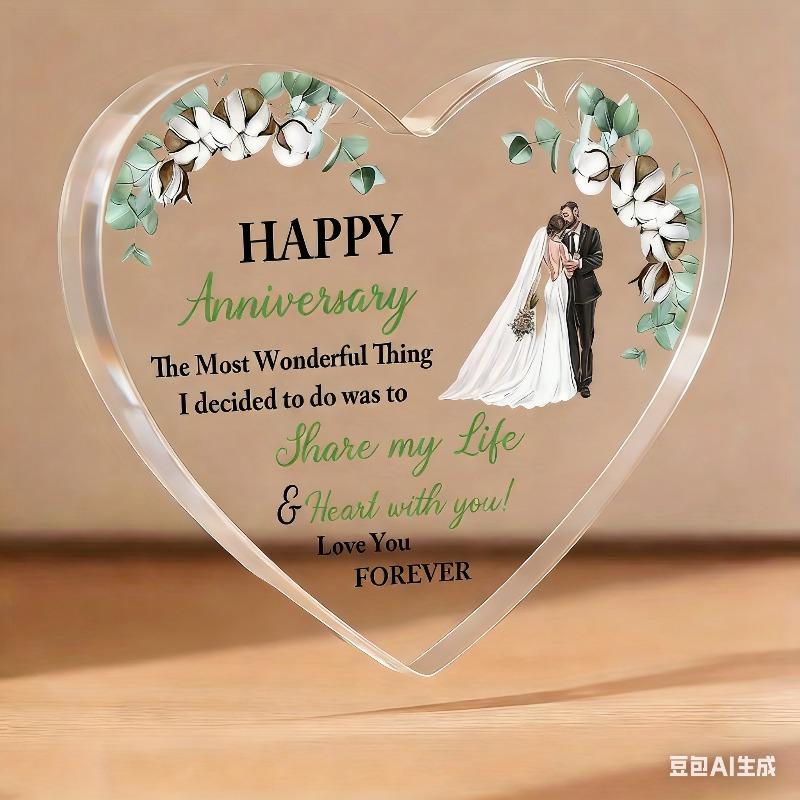 2D Flat, "Happy Anniversary" Heart-Shaped Anniversary Acrylic Desktop Decoration, Romantic Floral Design, Home Decor Plaque Hanging Wall Art Decorativ