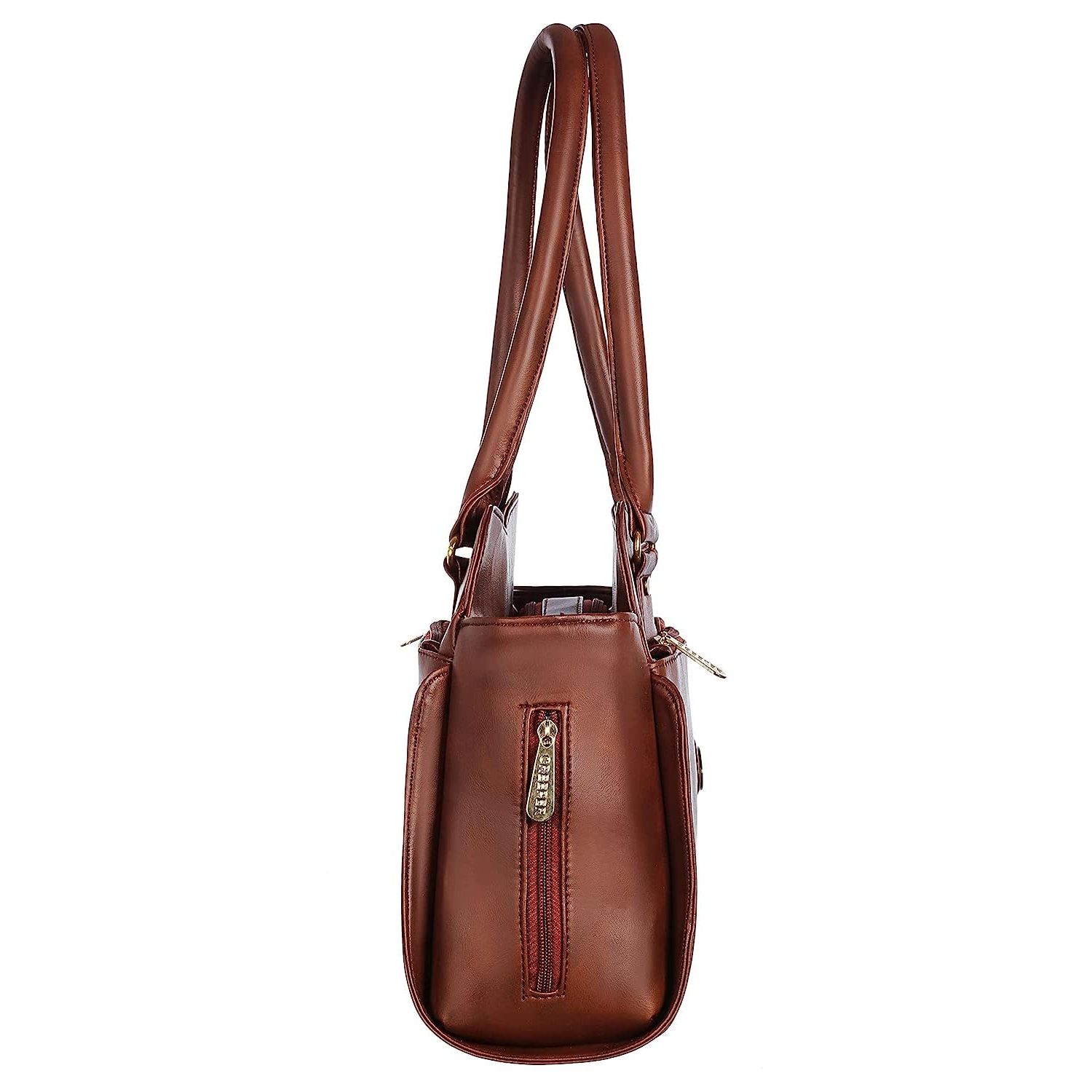 Женская кожаная сумка через плечо большой вместимости с верхней ручкой и множеством — фото 3