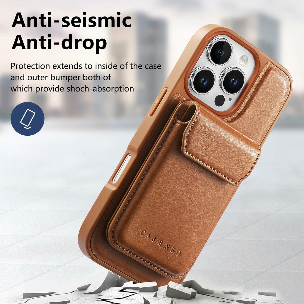 CASENEO For iPhone 16 Pro Magnetic Case PU Leather PC Phone Cover with Detachable Card Holder Kickstand Compatible with MagSafe