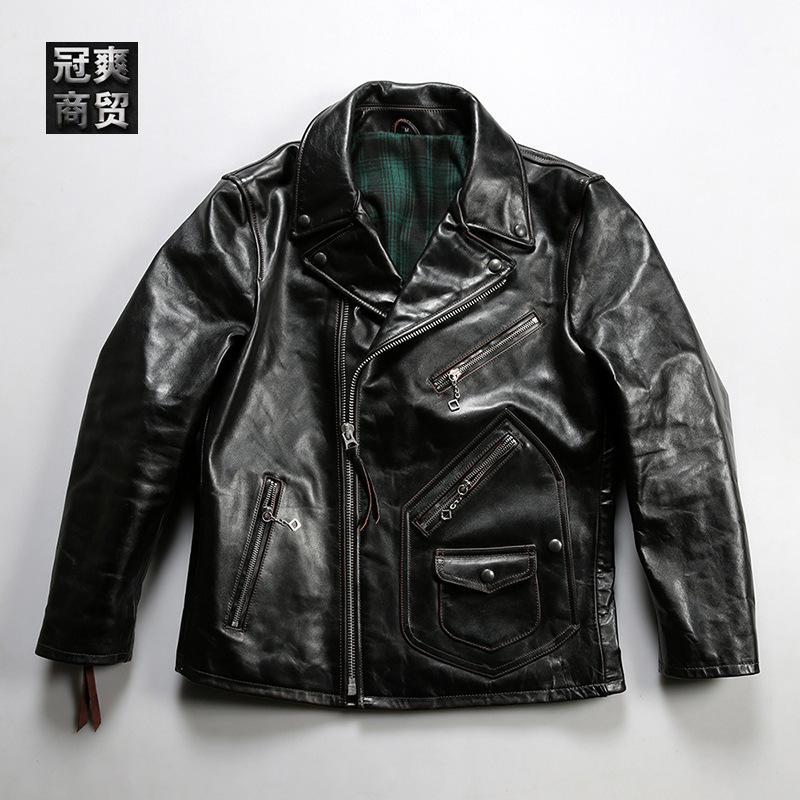 May Kaji horse leather jacket men's lapel oblique zipper leather jacket