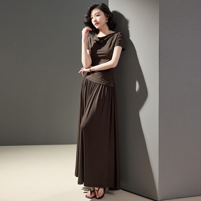 Women's Drape Collar Top and A-Line Midi Skirt Set
